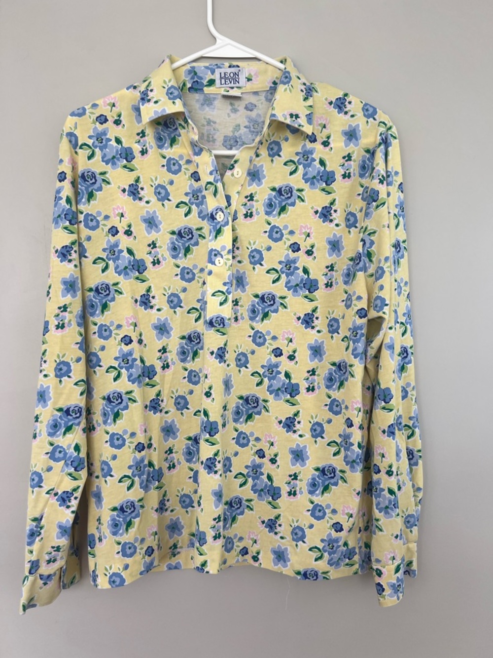 Leon Levin Floral Long Sleeve Polo Top - Yellow with Blue Floral